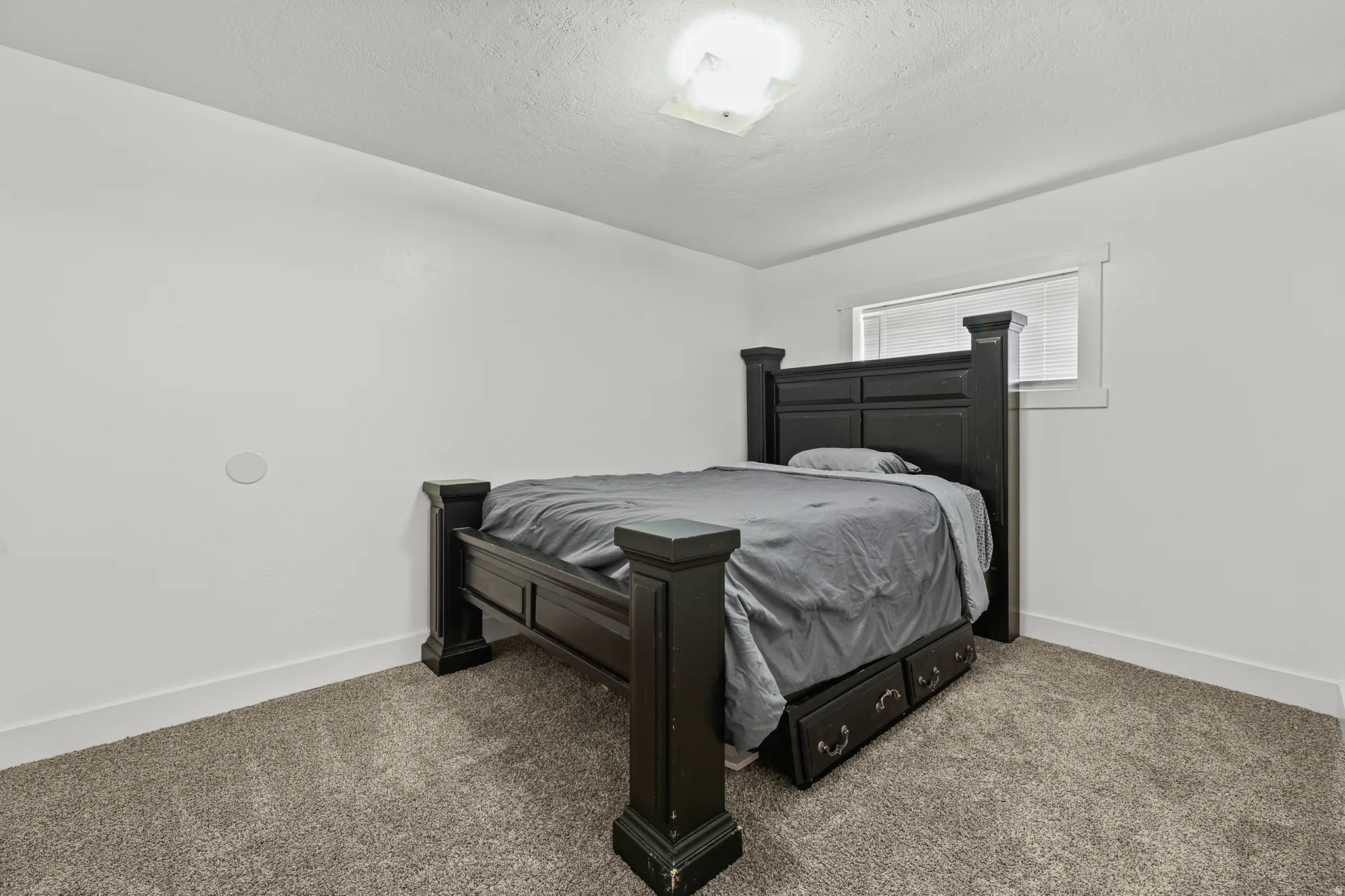 Carpeted room with white walls, a single window with blinds, and white trim