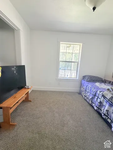 Carpeted room with white walls, baseboards, and window trim