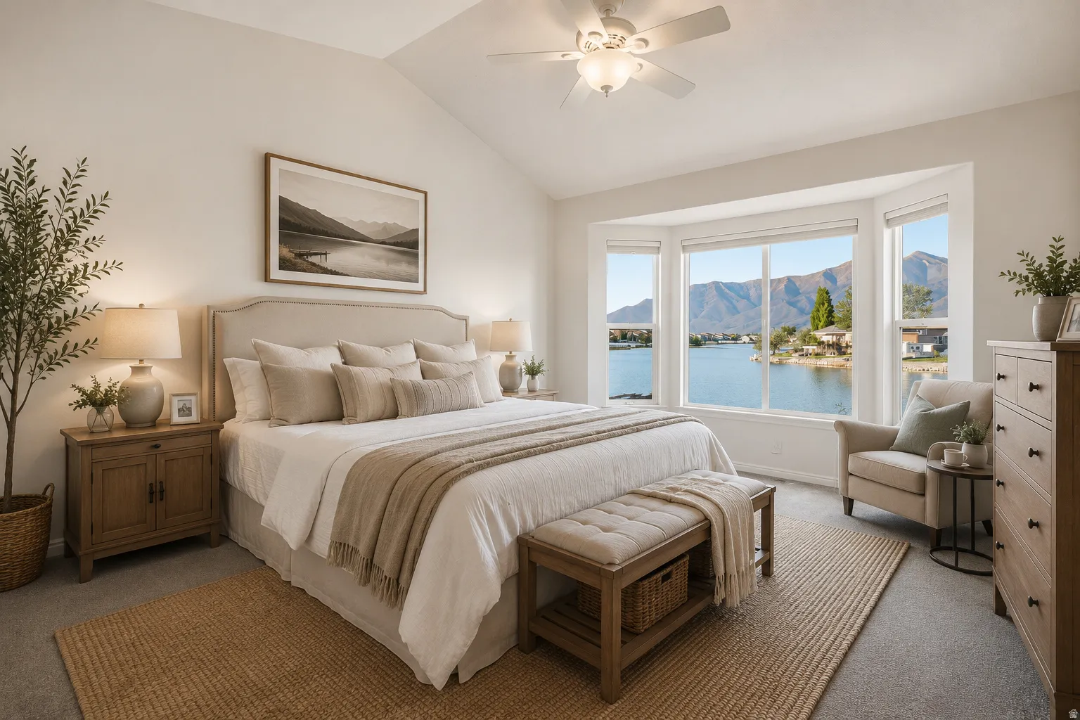 Bedroom featuring a vaulted ceiling and a ceiling fan with integrated lighting. AI Staged