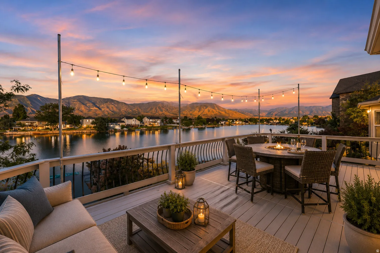 Expansive outdoor deck featuring composite decking, a white railing with black balusters, and string lighting. AI Staged