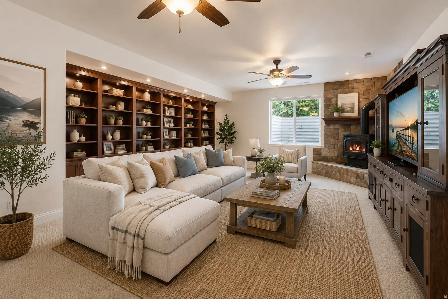 Built-in wood shelving with integrated lighting. AI Staged