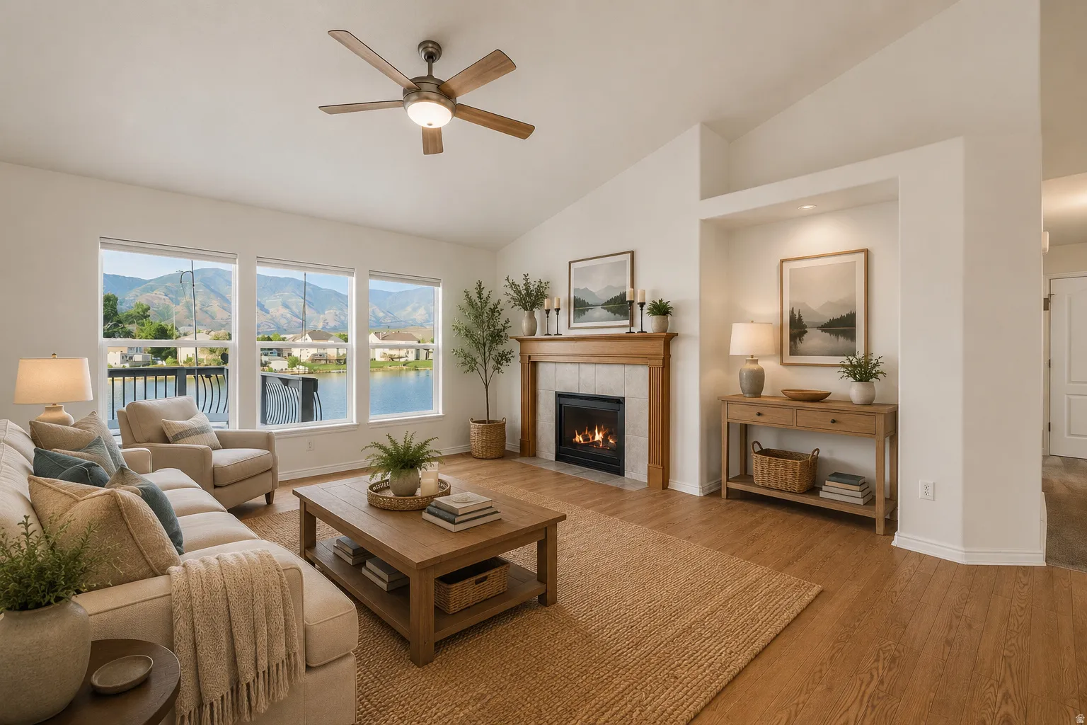 Bright living area featuring a fireplace with a wood mantel, wood-finish flooring, and vaulted ceilings. AI Staged