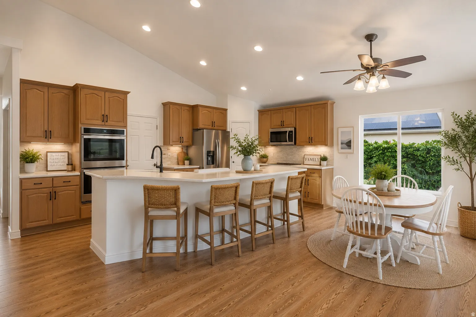 Bright kitchen featuring wood-finish flooring, vaulted ceilings, and recessed lighting. AI Staged