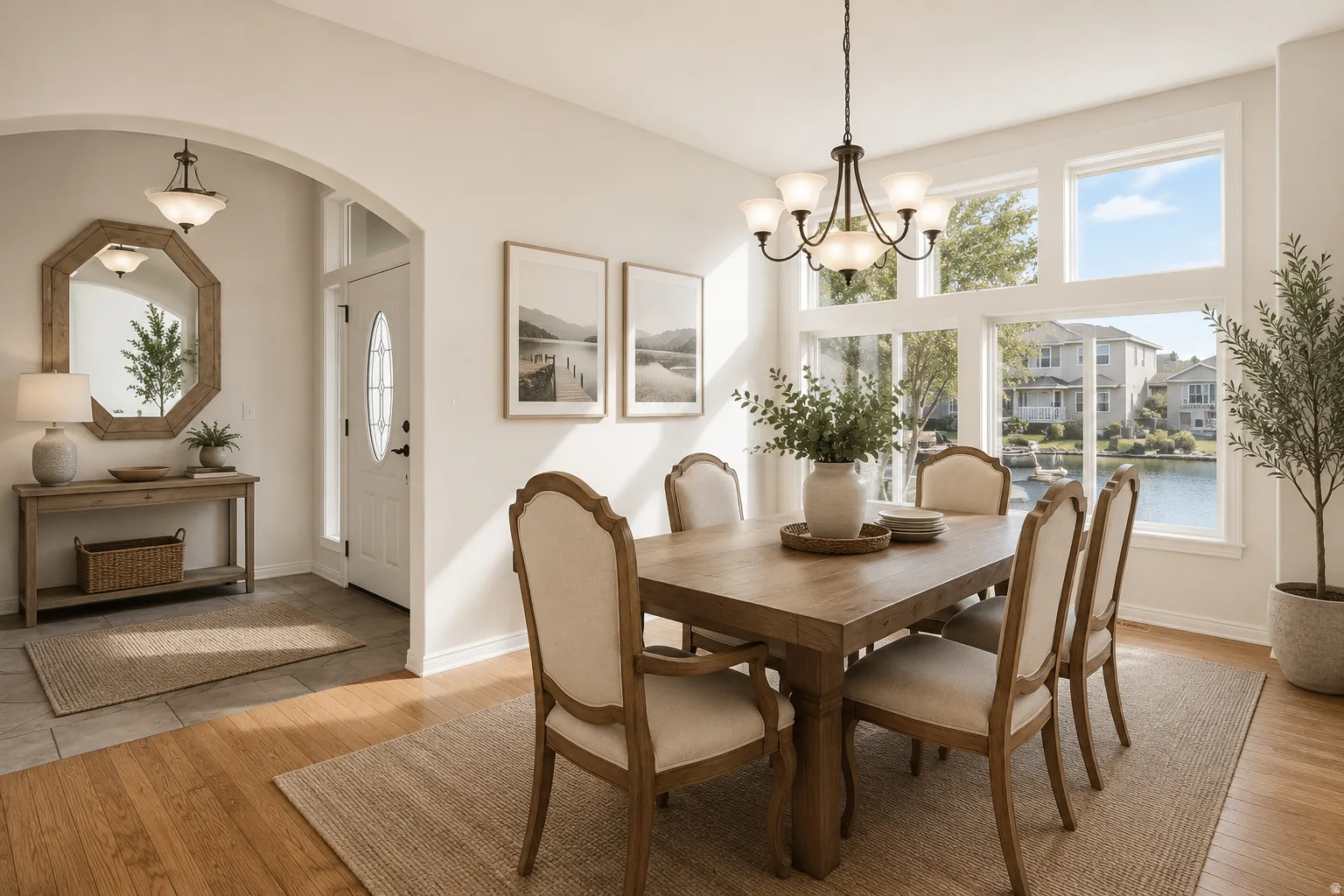 Dining area featuring a multi-pane window wall, wood-finish flooring, and a bronze chandelier AI Staged