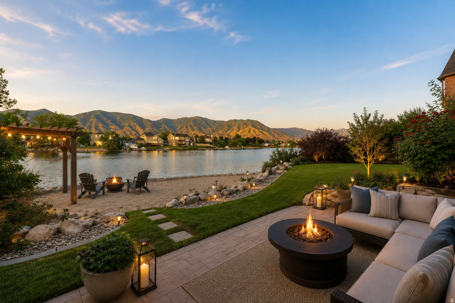 Waterside backyard featuring a paver patio with a built-in fire pit, a manicured lawn, and a sandy beach area with a wooden pergola. AI Staged