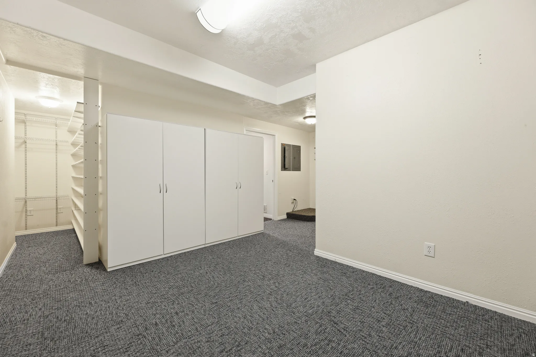 Versatile room featuring extensive built-in cabinetry, a dedicated storage area with shelving, overhead lighting, and neutral carpeting