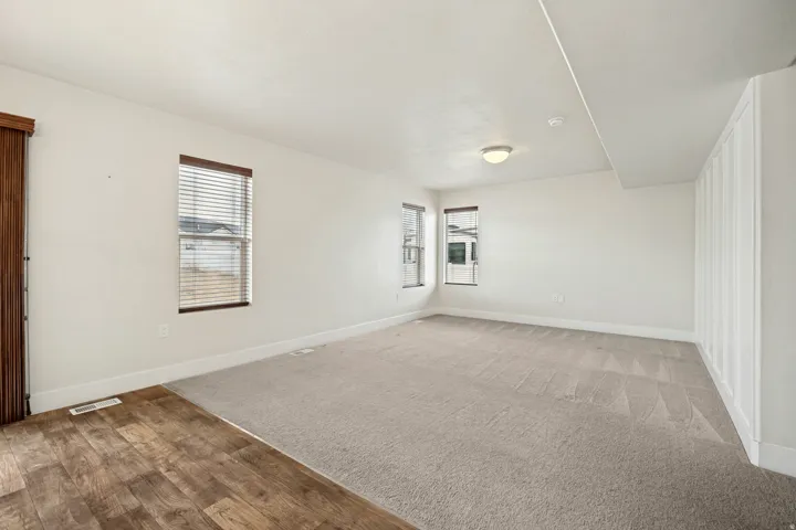 Spacious room featuring neutral carpeting, multiple windows with blinds, a contrasting wood-finish flooring transition, and a flush-mount ceiling light fixture