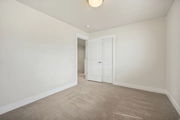 Light-filled room featuring neutral-toned walls, plush carpeting, white trim, and a contemporary ceiling light fixture
