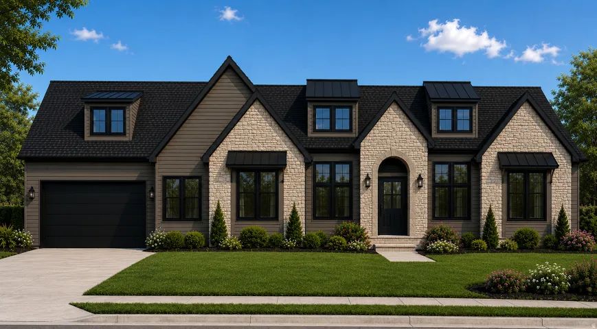 Stone and siding exterior with a dark shingle roof and black-framed windows