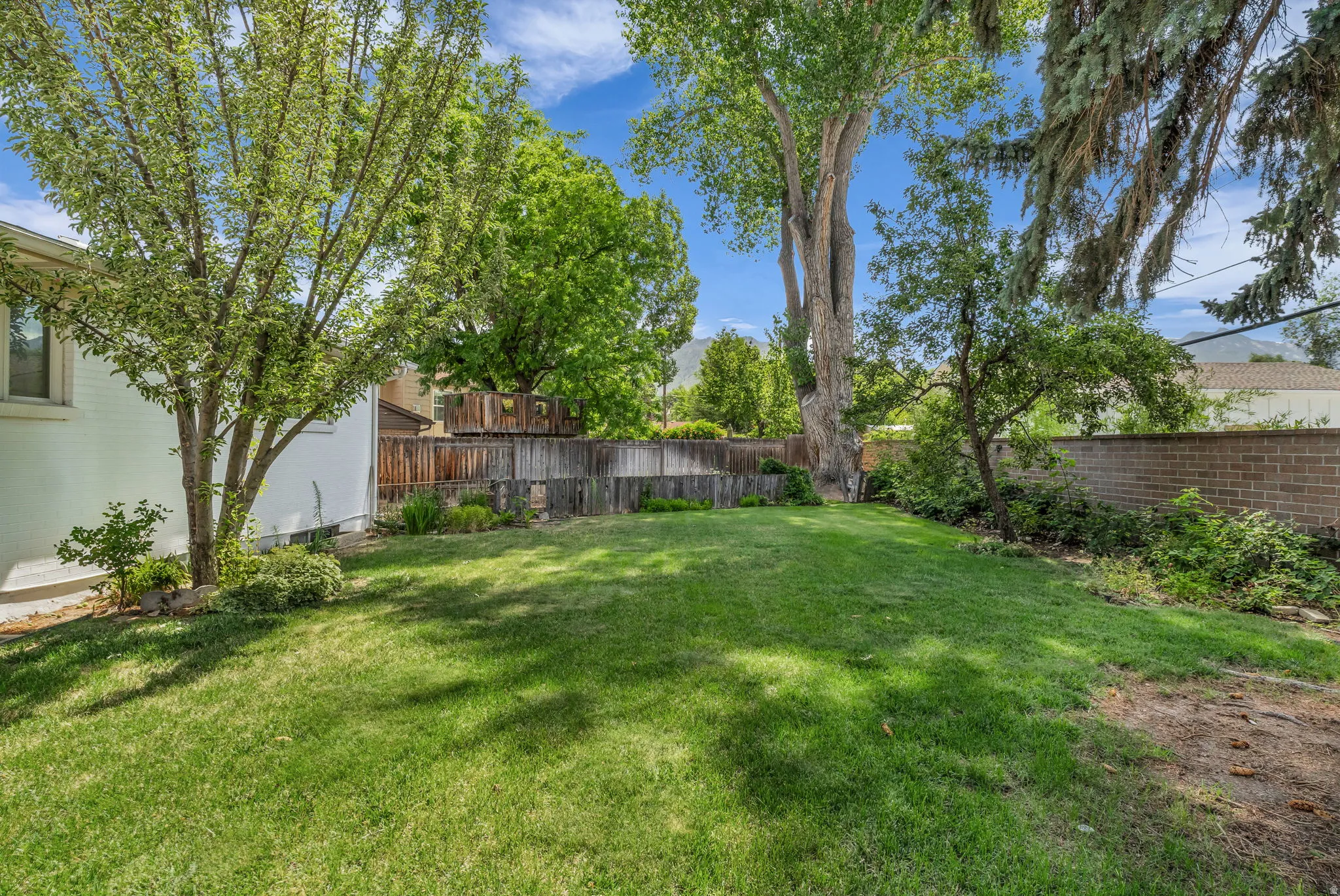 Expansive backyard featuring a green lawn, mature trees providing natural shade, a partial wood fence, and a brick privacy wall