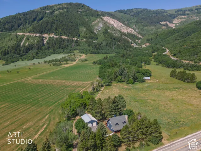 Expansive rural property featuring a traditional-style dwelling, a separate outbuilding, mature evergreen trees, and surrounding green fields