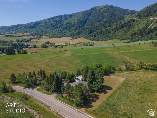 Aerial perspective showcasing a property surrounded by expansive green fields and mature trees, with a mountainous backdrop