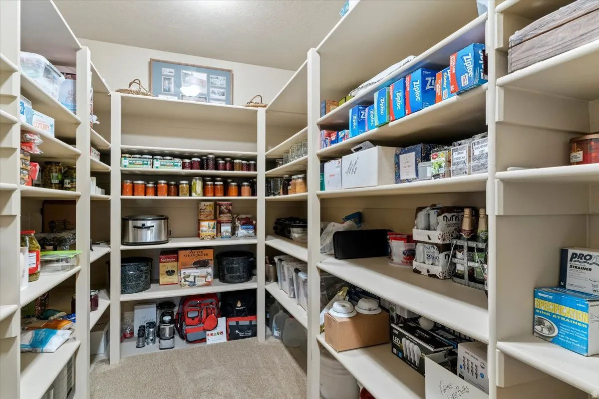 Spacious walk-in pantry featuring extensive built-in shelving, providing ample storage