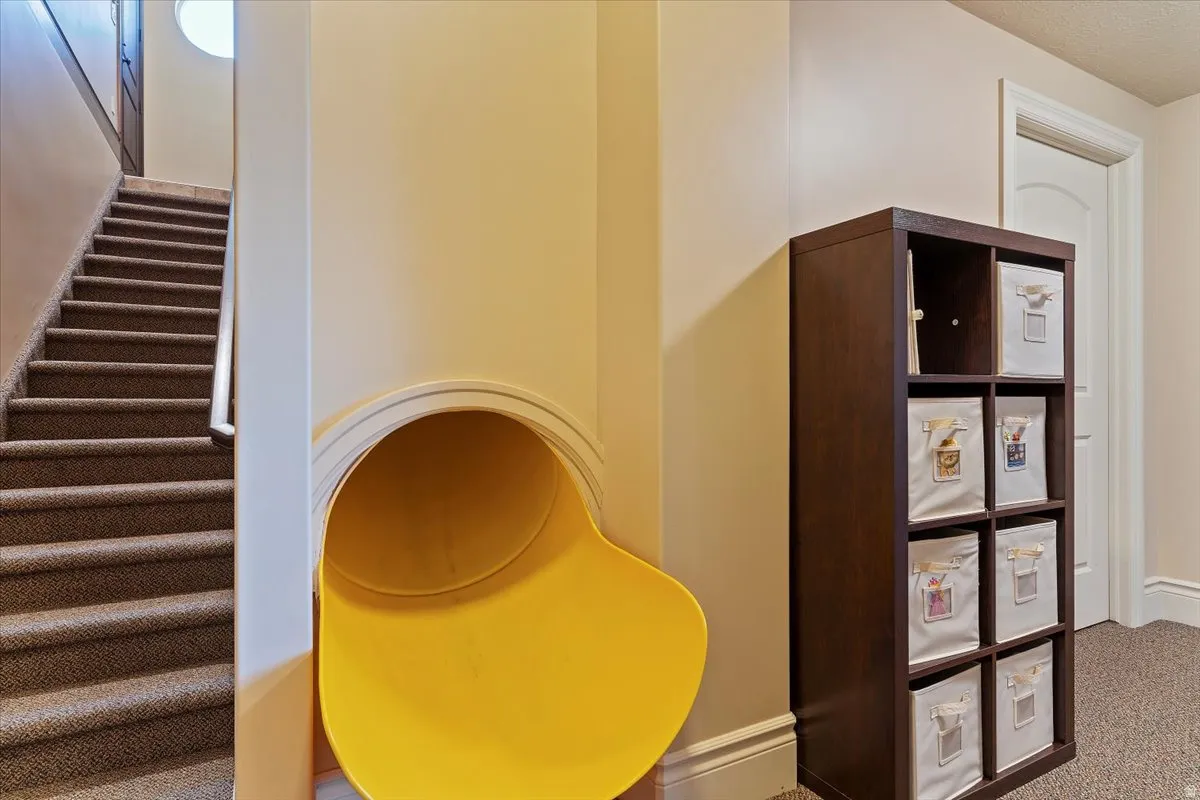 Carpeted staircase leading to garage with light-toned walls and a built-in yellow slide