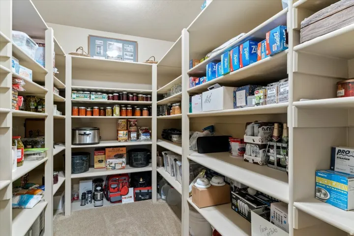 Spacious walk-in pantry featuring extensive built-in shelving, providing ample storage