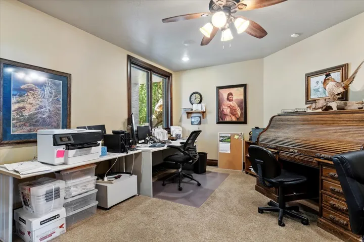 Carpeted interior space featuring a ceiling fan with light fixture, large framed window, and neutral wall tones. Could also be a bedroom.