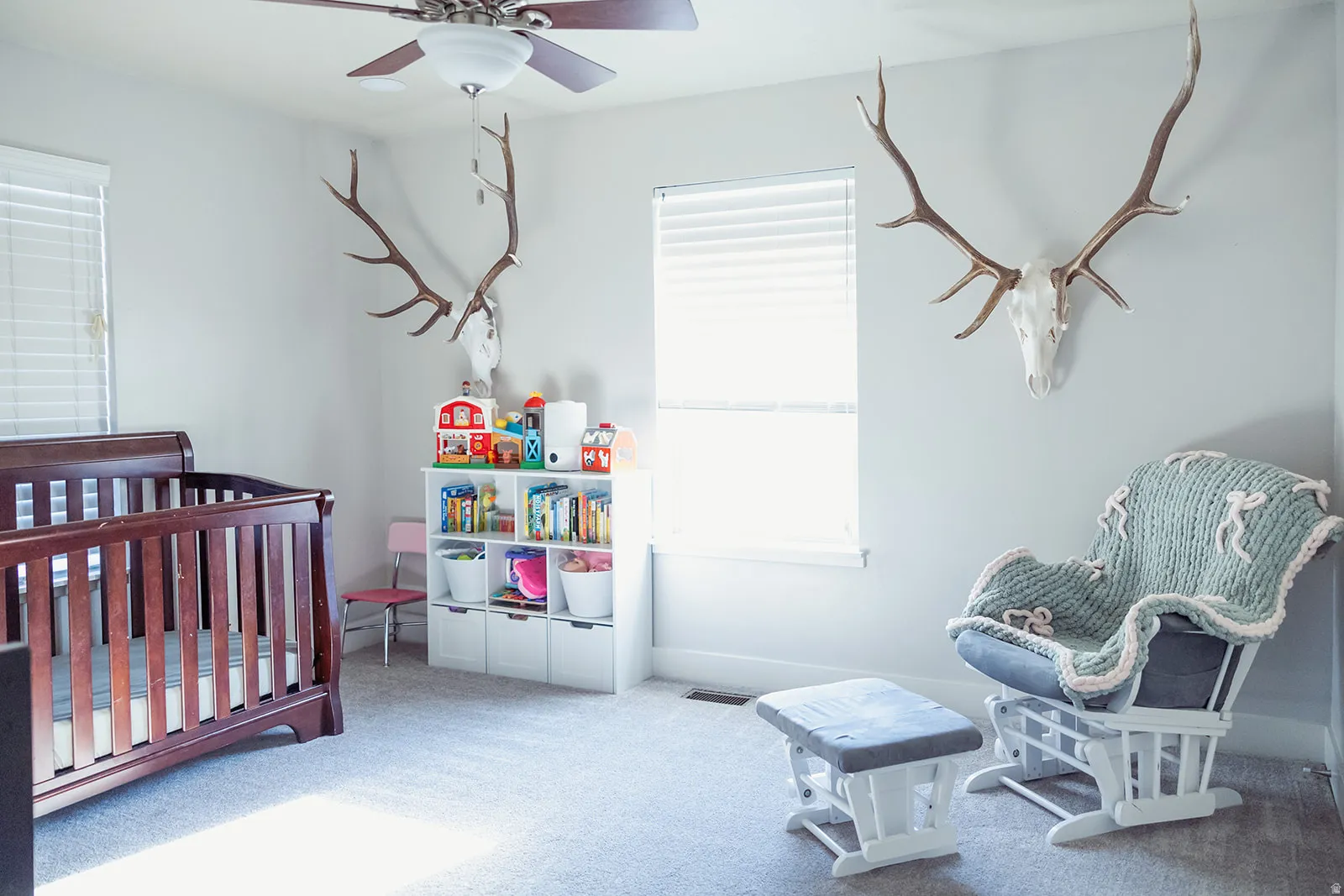 Bright room featuring light gray wall paint and plush carpeting