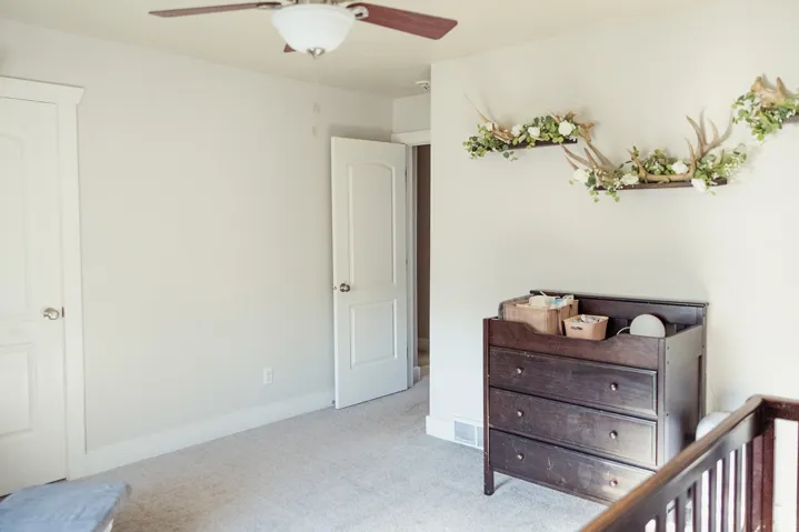 Light-colored walls featuring a ceiling fan and two panel doors