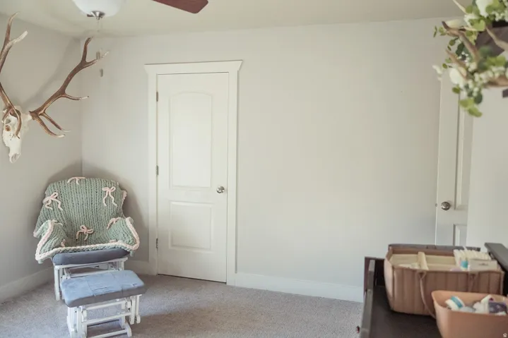 Carpeted room featuring light neutral wall paint, white baseboards, and a white interior door with a silver-toned doorknob