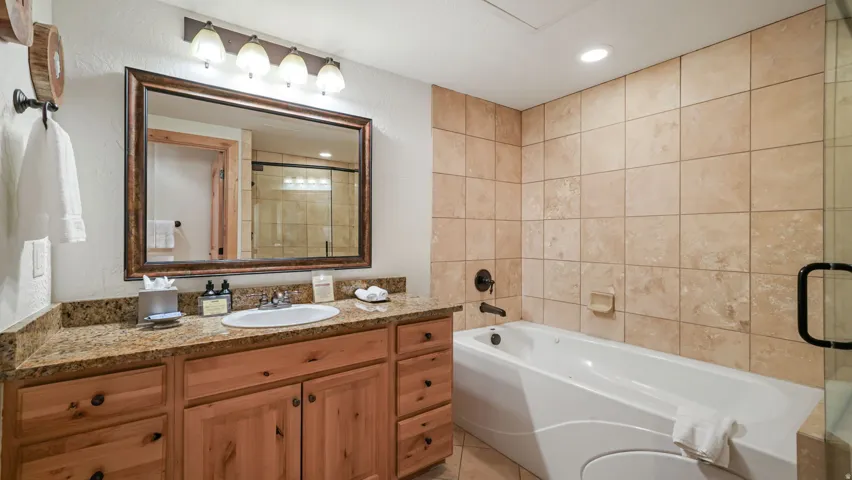 Bathroom featuring a deep soaking tub, separate glass-enclosed shower, light wood cabinetry, a vanity with an integrated sink, and stone-finish countertops