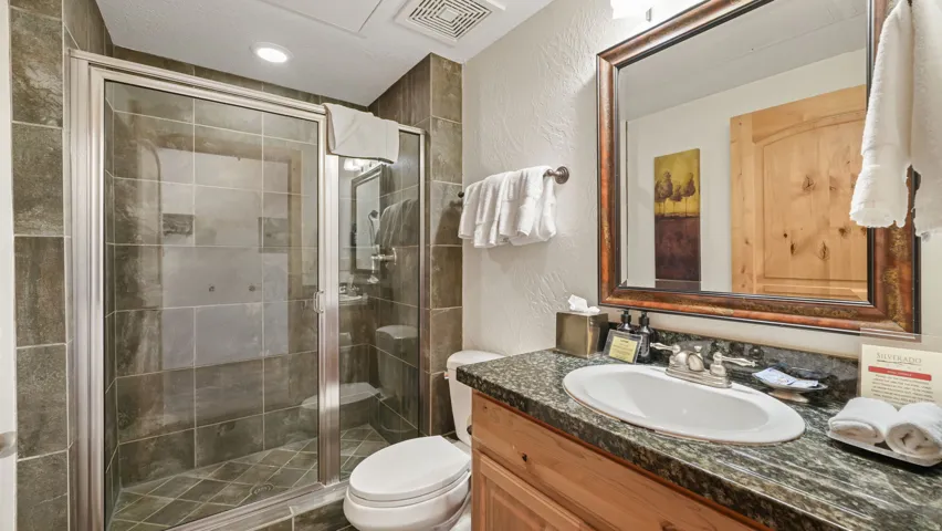 Full bathroom featuring a glass-enclosed shower with tile surround, a single vanity with stone countertop, and an oval undermount sink