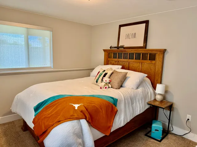 Bedroom featuring neutral wall paint, a large window with roller shades, and plush carpeting