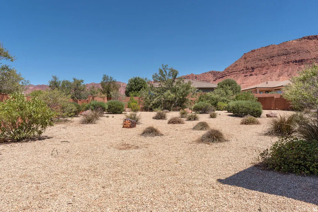 Xeriscape-style yard with gravel landscaping and varied shrubbery