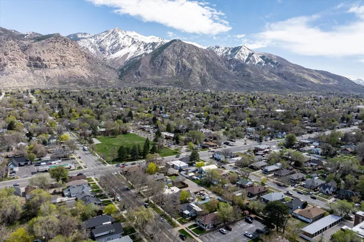 Aerial perspective showcasing a residential area with mature trees and a snow-capped mountain backdrop