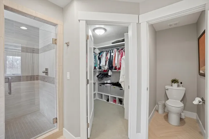 Glass-enclosed shower with tiled walls and a subtle accent band, complemented by a dedicated water closet featuring herringbone-patterned wood-finish flooring and a separate walk-in closet with built-in shelving