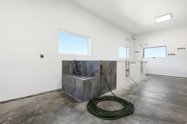 Utility sink with dark tiled surround and flexible hose faucet, concrete flooring, rectangular windows, and overhead flush-mount lighting