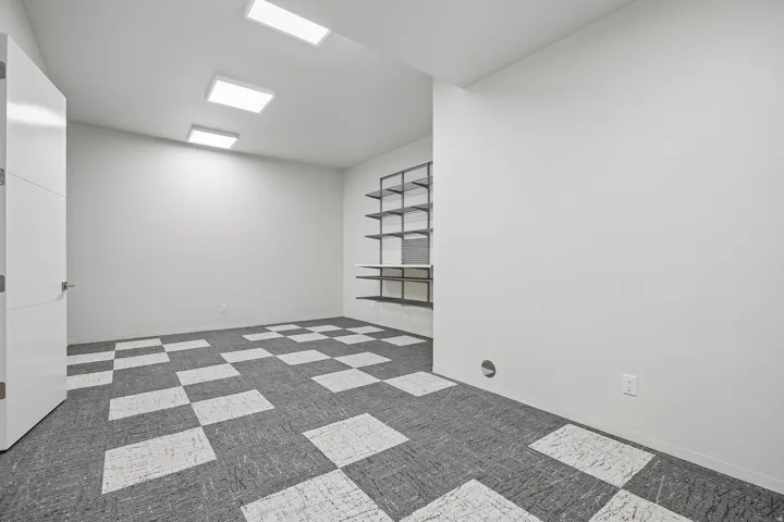 Spacious room featuring patterned carpet flooring, extensive built-in shelving, and contemporary recessed lighting