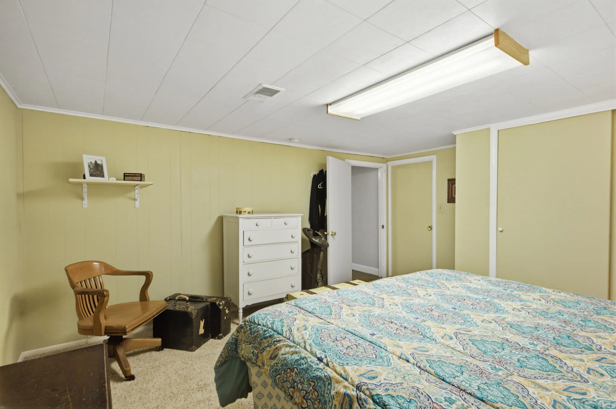 Room featuring a white paneled ceiling, light green wall paneling, and neutral-toned carpeting