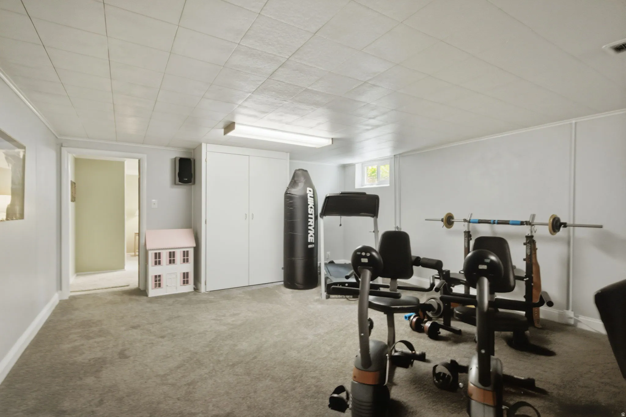 Finished room featuring gray carpeting and white paneled walls