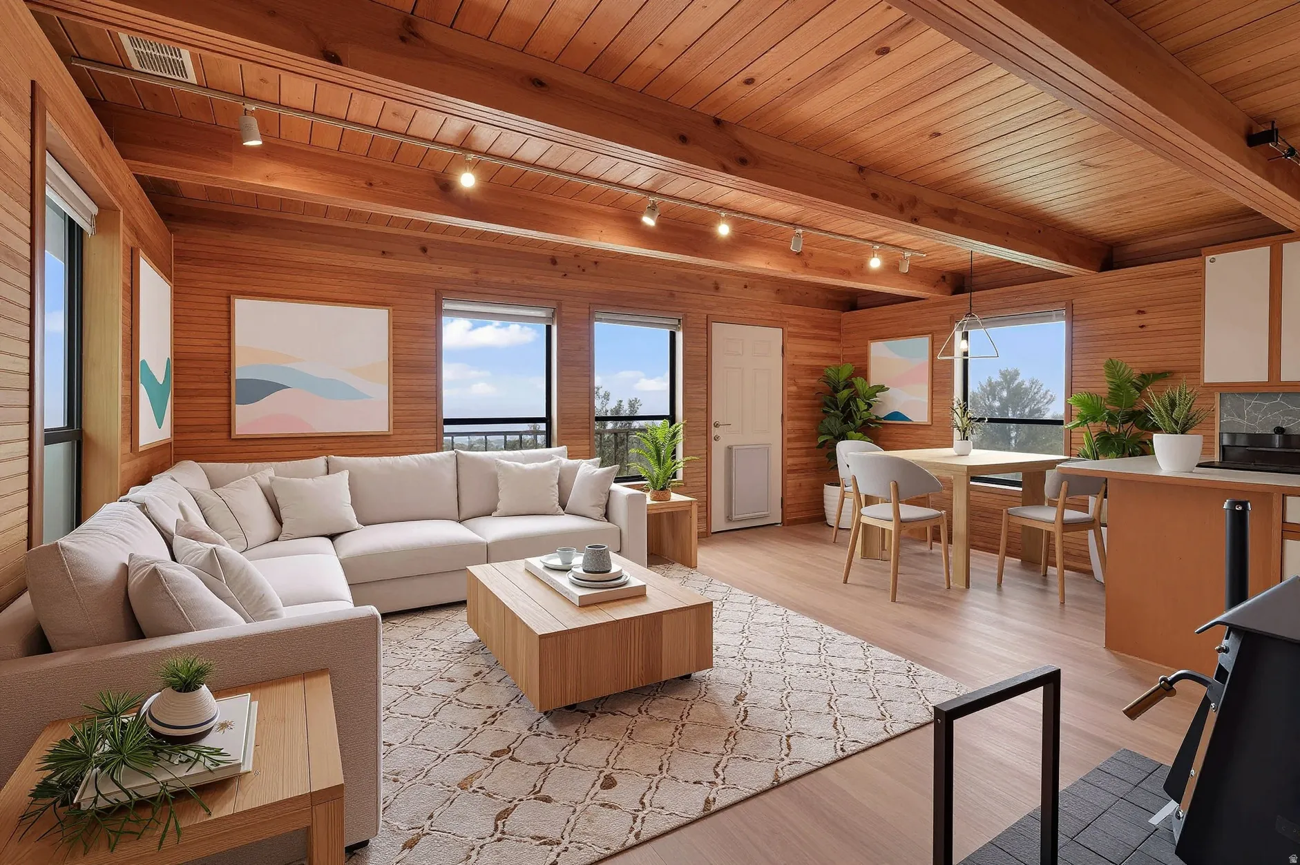 VIRTUALLY STAGED - Open-concept living area featuring extensive wood-paneled walls and ceilings