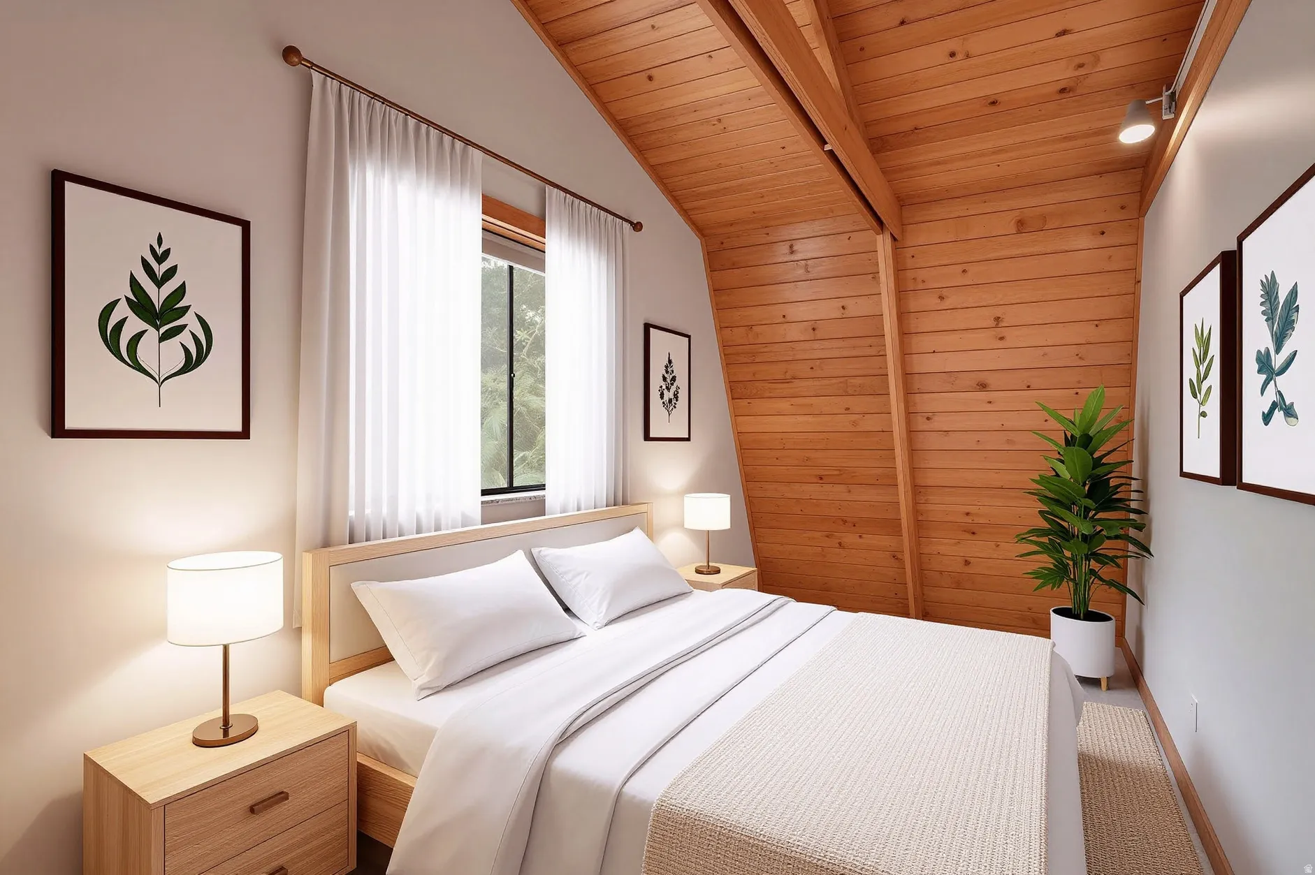 VIRTUALLY STAGED - Room featuring an angled wood-paneled ceiling with exposed beams, wood-finish flooring, a window with sheer curtains, and track lighting