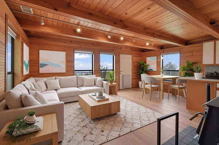 VIRTUALLY STAGED - Open-concept living area featuring extensive wood-paneled walls and ceilings