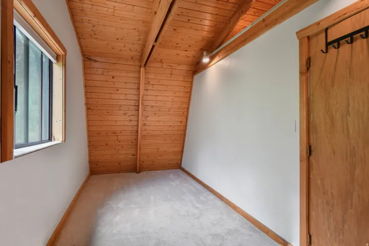 Carpeted room featuring an angled wood-paneled ceiling, a single window, track lighting, and a wood-panel door with a coat rack