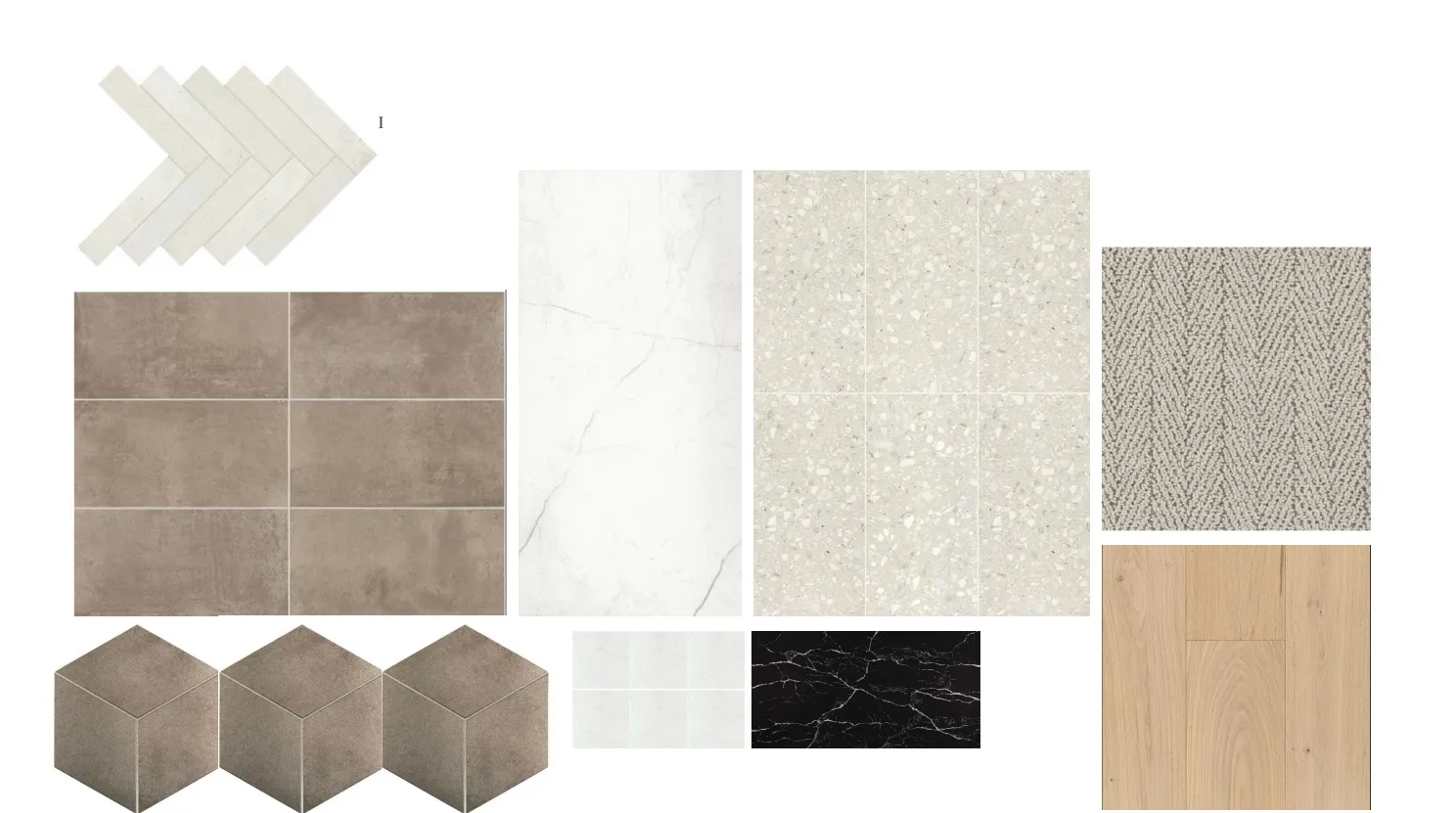 Material Selection Board. Displaying various flooring, countertop, and tile options for the property