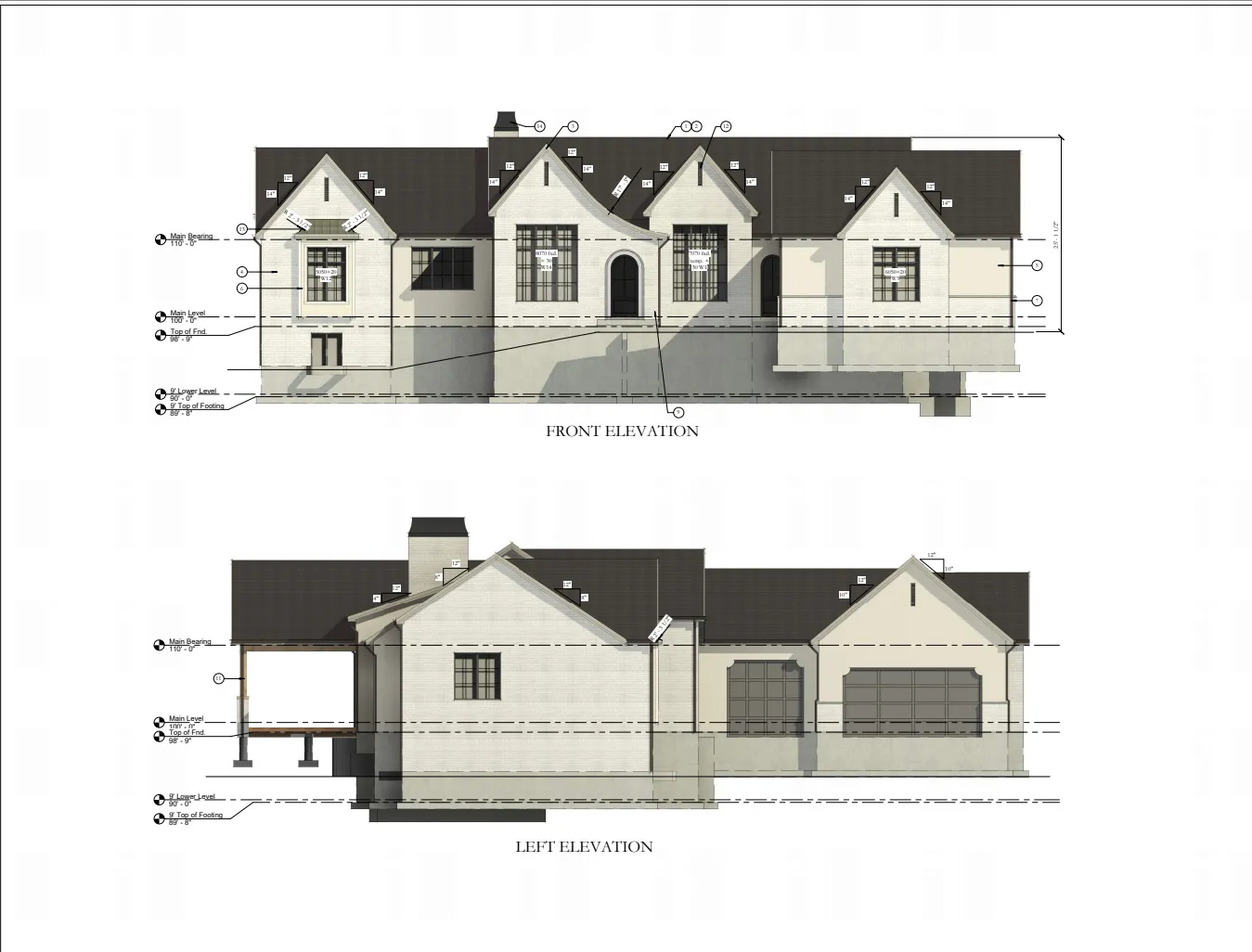 Architectural Plan, Elevations. Illustrating the front and left exterior views of the property