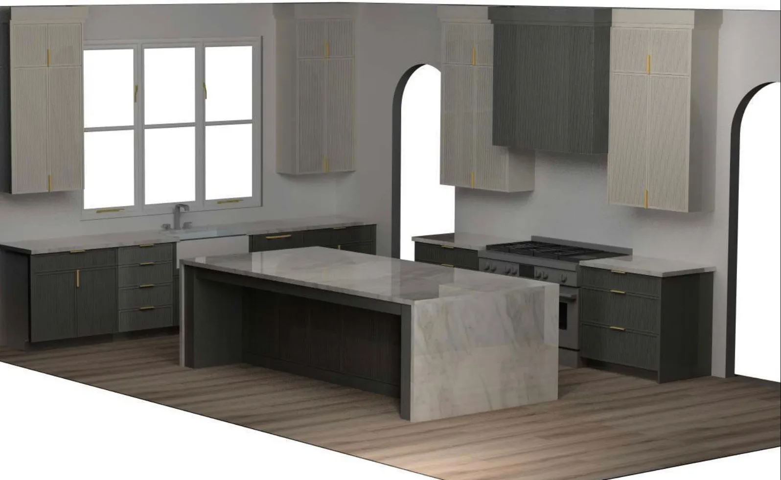 Modern kitchen rendering featuring a large island with a waterfall countertop, a stainless steel range, and custom cabinetry with gold-tone hardware