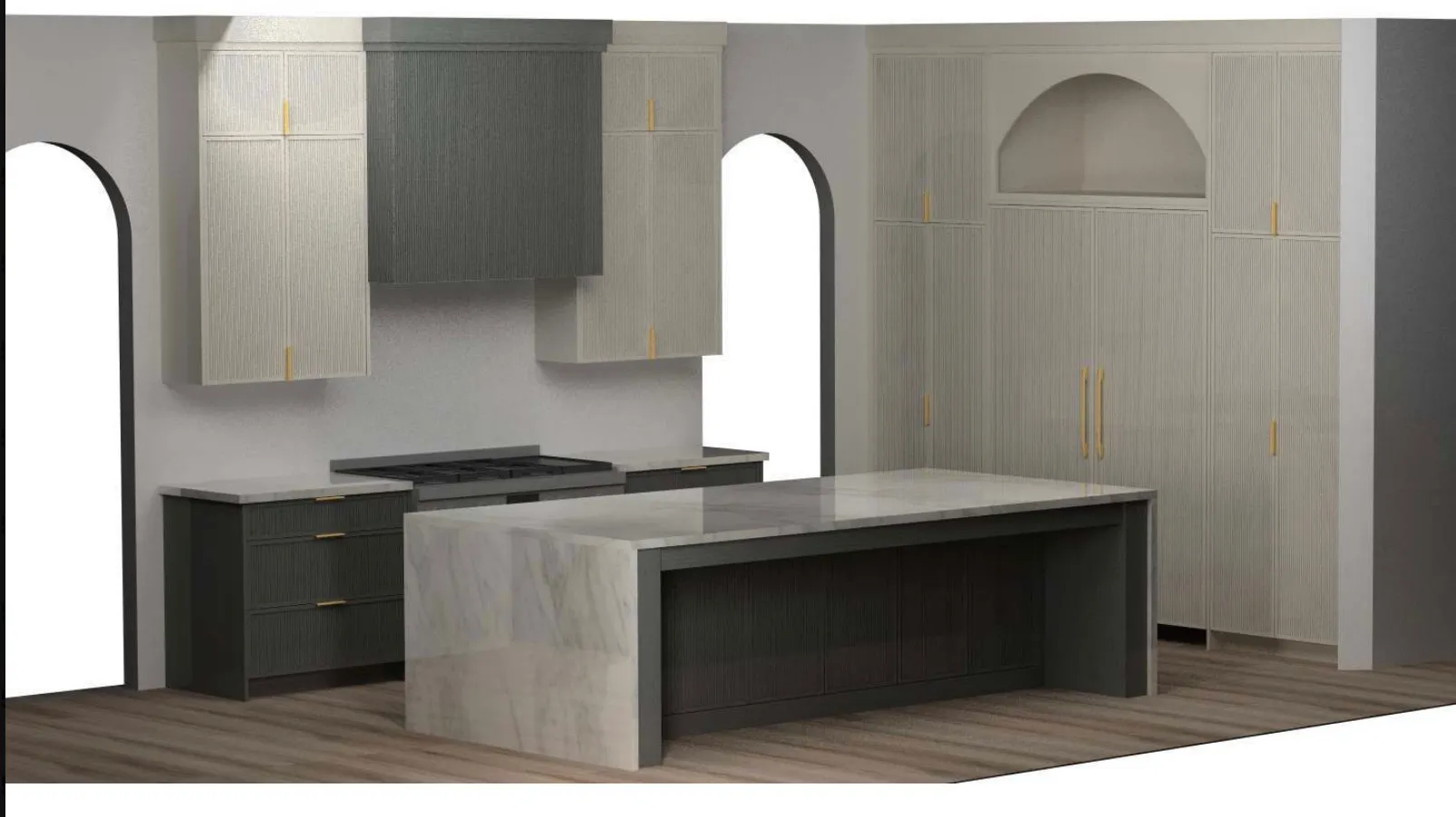 Modern kitchen featuring a waterfall island with a stone surface and contrasting dark cabinetry