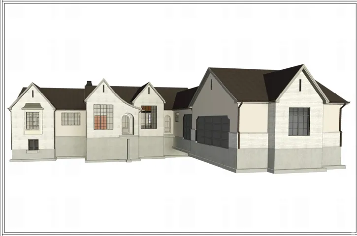 Architectural Rendering. Illustrating the exterior structure of the property from a side perspective