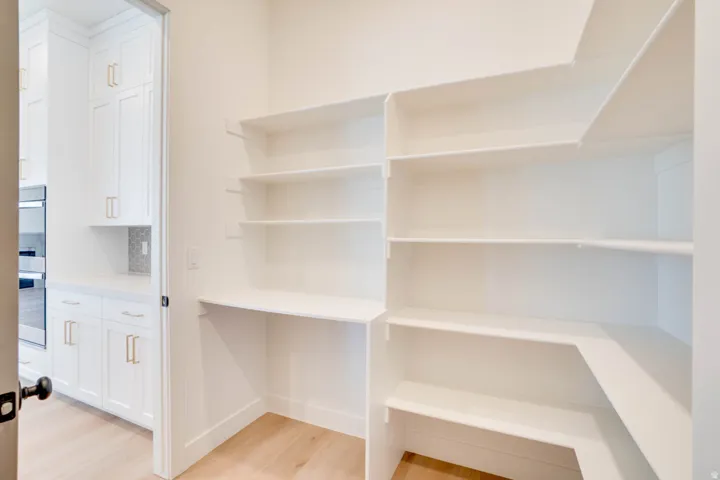 Spacious pantry featuring extensive built-in shelving, a dedicated counter space, light wood-finish flooring, and white trim