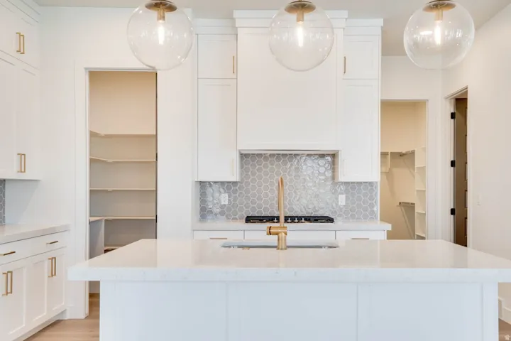 Modern kitchen featuring a large central island with a built-in sink and gold-finish faucet