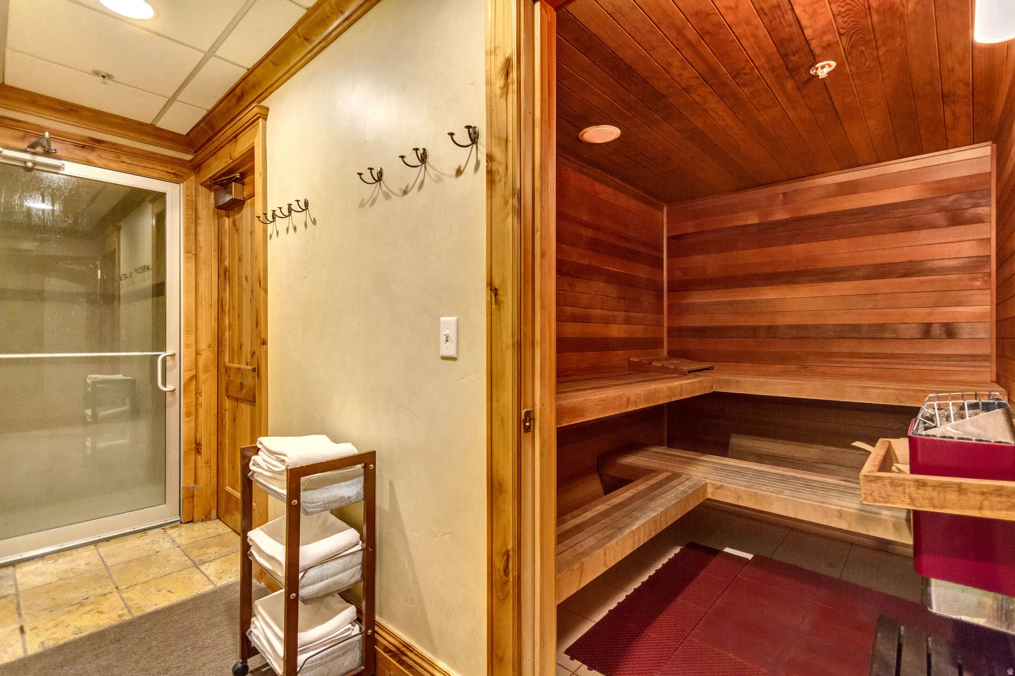 Cedar sauna with multi-level bench seating, wood plank walls and ceiling, and a built-in heating element