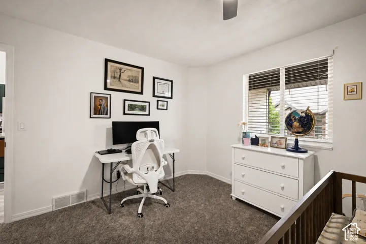 Windowed room with textured carpeting, a white ceiling fan, and white baseboards