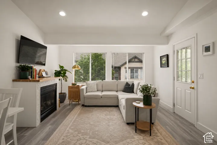 Bright living area featuring wood-finish flooring, recessed lighting, and a white paneled entry door with glass inserts