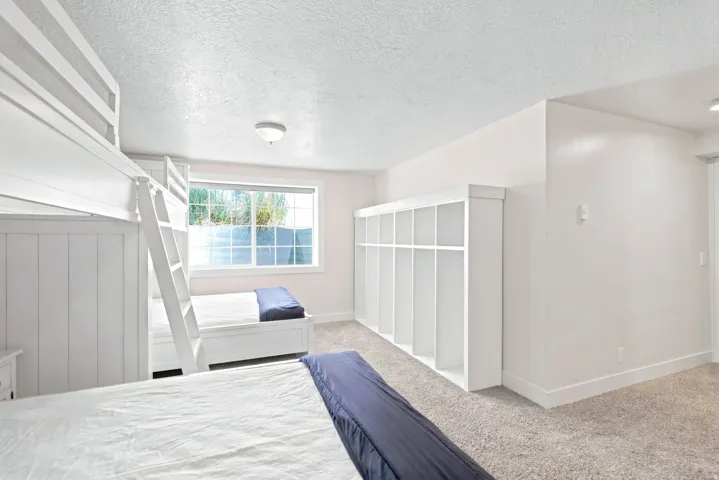 Carpeted room featuring a large window, built-in storage shelving, and light-colored walls