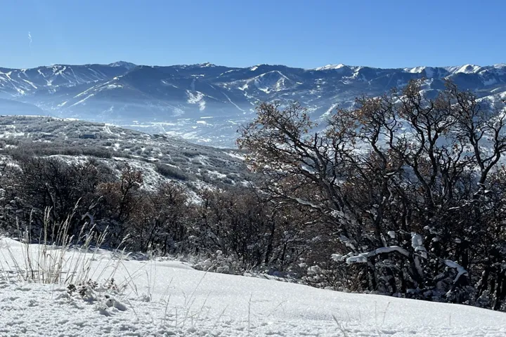 Snow-covered terrain with distant mountains and a clear sky