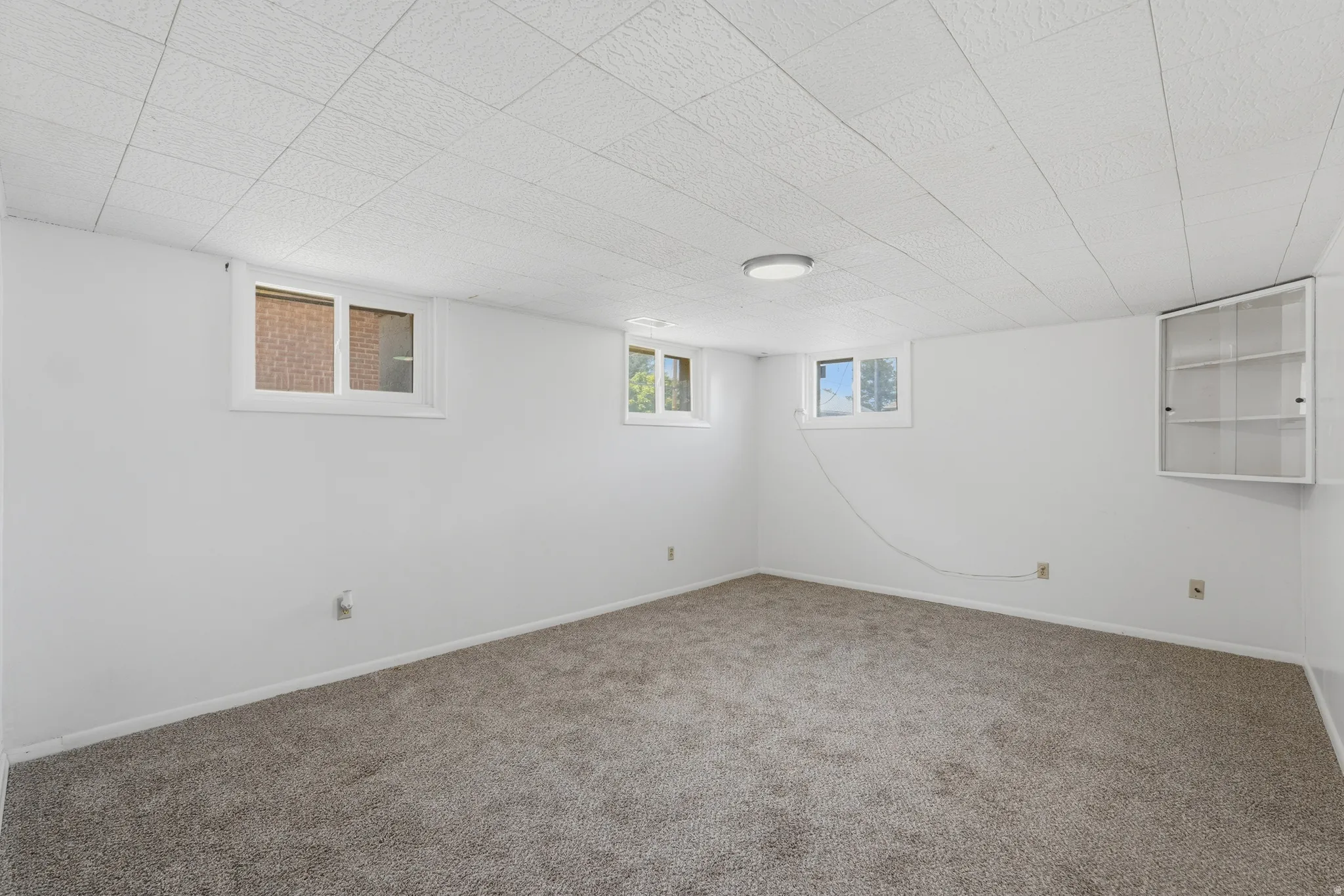 Spacious room featuring neutral carpet flooring, bright white walls, multiple windows, a ceiling light fixture, and a built-in wall cabinet with glass doors